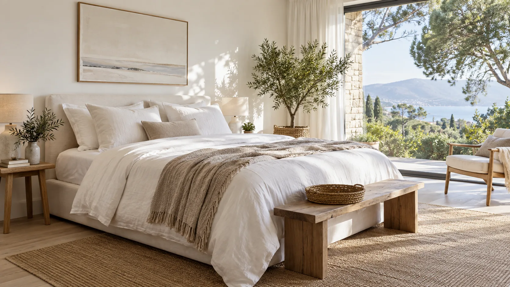 Chambre lumineuse avec lit en lin et ouverture sur le jardin